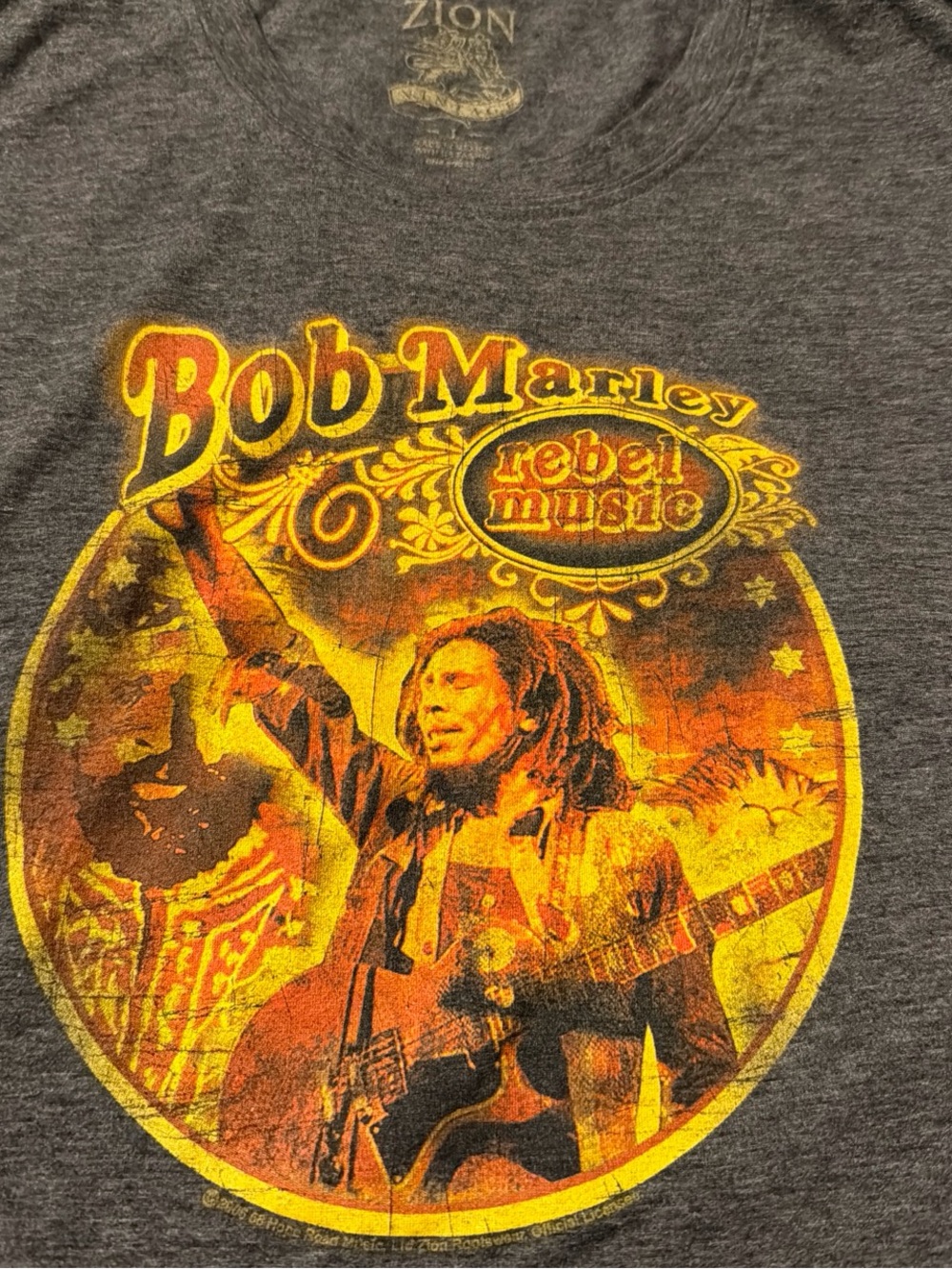 Bob Marley Rebel Music Graphic T-Shirt - Charcoal/Yellow